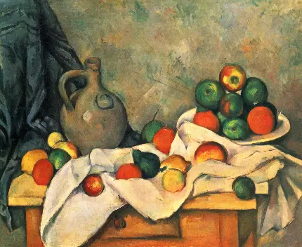 استوک نقاشی پرده و کوزه و میوه یک نقاشی از پل سزان