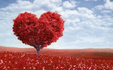 دانلود عکس درخت قلبی در دشت پر گل قرمز با آسمان ابری
