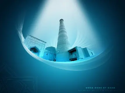 تصویر دیجیتالی بناهای اسلامی در وسط صفحه در تم آبی