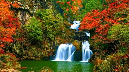 تصویر زمینه منظره واقعی آبشار پاییزی در جنگل پر درخت 