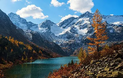 دانلود بکگراند رایگان و با کیفیت دریاچه درکنار کوه و فصل پاییز