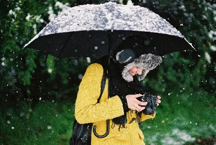 دانلود تصویر زمینه انیمه ای دختر زیبا و خوشرو با چتر برفی