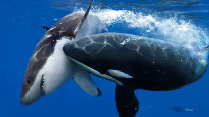عکس دلهره اور و ناراحت کننده جنگ و نزاع نهنگ قاتل و کوسه