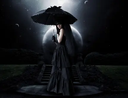 عکس زمینه دختر زیبا با لباس گوتیک و چتر در شب پر ستاره