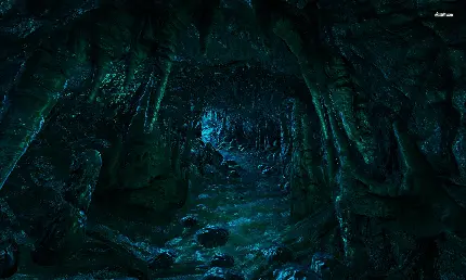 تصویر زمینه غار تاریک و فانتزی با نورهای ریز ابی برای دانلود رایگان 