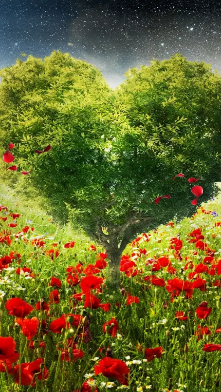 دانلود والپیپر درخت قلبی سبز با گل های قرمز خوشگل