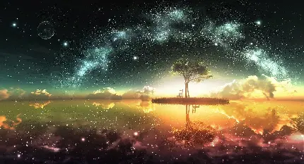 عکس صندلی زیر درخت جهان و انعکاس آسمان پرستاره در دریاچه