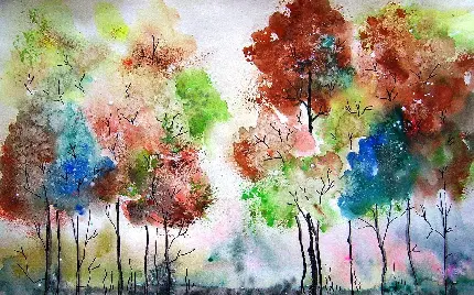 عکس نقاشی انتزاعی درختان کوچک و بزرگ با برگ های رنگی 