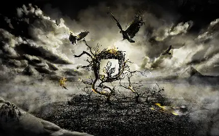 تصویر پرتره هنری آبسترکت درخت قهوه ای برهنه آتش گرفته و پرندگان در حال پرواز زیر ابرهای تیره