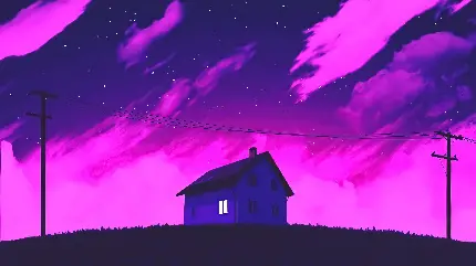 تصویر زمینه انیمیشنی خانه بزرگ زیر آسمان صورتی پرستاره