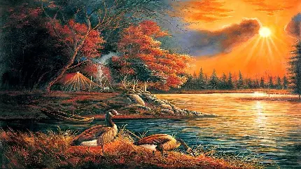 عکس نقاشی غروب آفتاب در کمپ دریاچه با نمای خیره کننده 