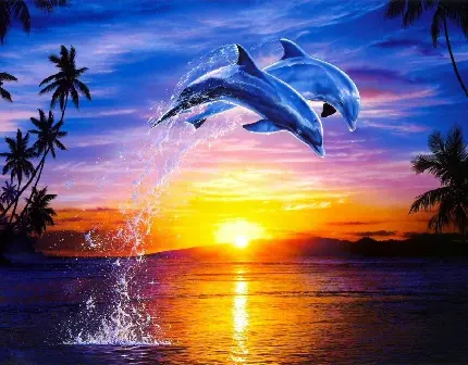 تصویر نقاشی دیجیتالی از پرش دلفین های زیبا