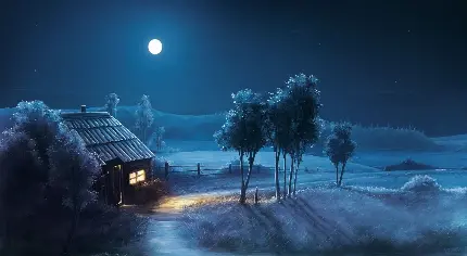 تصویر زمینه دیجیتالی خونه و درخت در شب با ماه کامل