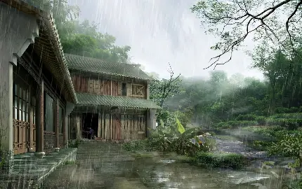 عکس کارتونی انبار غله آسیای شرق هنگام بارش شدید باران