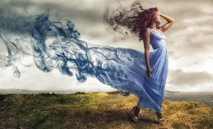 عکس پروفایل اینستاگرام ابر جوهری رنگی آبی جذاب دنباله ی لباس دختر جوان اکشن فتوشاپ افکت