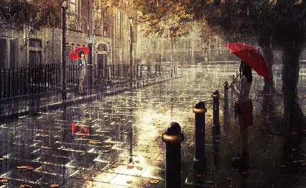 دانلود رابگان و با کیفیت عکس پروفایل و بک گراند منظره بارانی به همراه چتر های قرمز 