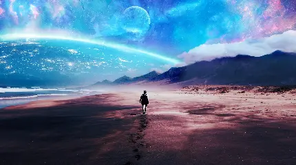 تصویر زمینه فتوشاپ خیالی پیاده روی مرد تنها روی ساحل شنی صورتی خلوت منتهی به افق ماه بزرگ