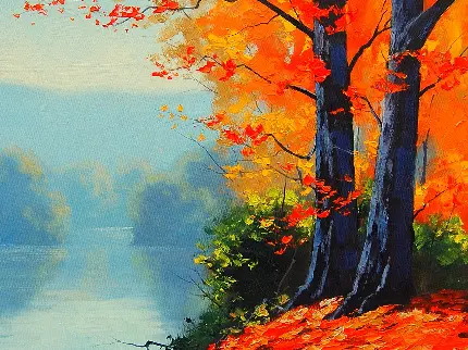 ایده 2024 درختان پاییزی با برگ های نارنجی برای نقاشی رنگ روغن