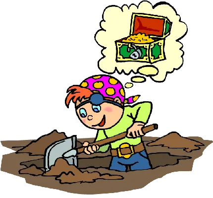 عکس کیوت و گرافیکی دزد دریایی در حال کندن زمین برای پیدا کردن صندوقچه گنج 