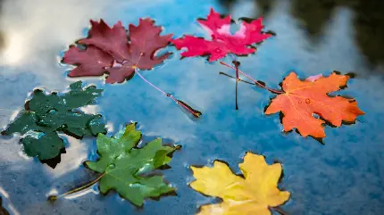 والپیپر شیک و خاص برگ های رنگارنگ پاییزی افرا فرورفته در آب با کیفیت HD