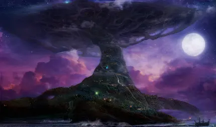 درخت جهان ایگدراسیل زیر تابش نور ماه در آسمان بنفش صورتی
