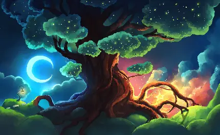 تصویر زمینه درخت کارتونی با شاخ و برگ های پر زرق و برق