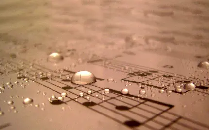 قطره های شفاف و درخشان باران روی صفحه ای پر از نت موسیقی