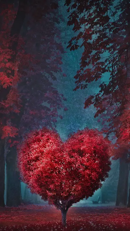 دانلود بک گراند درخت قلبی زیبا در جنگل درخت های قرمز