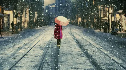 دانلود بک گراند شیک و یونیک دختر قرمز پوش خوشتیپ و خوش استایل با چتر برفی 
