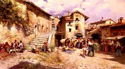نقاشی ایتالیایی نمای روستایی ماریانو باربسان از لوس آلردورس از پوئبلو رم