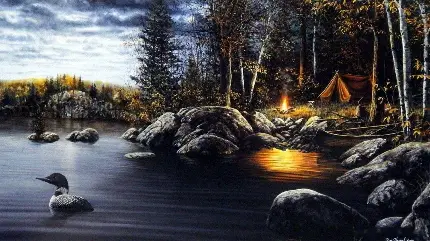 تصویر نقاشی کمپ کنار دریاچه خیره کننده و بسیار زیبا 