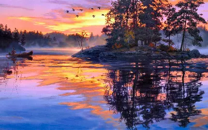 قشنگ ترین تصویر نقاشی رنگ روغن منظره دریاچه با کیفیت بالا