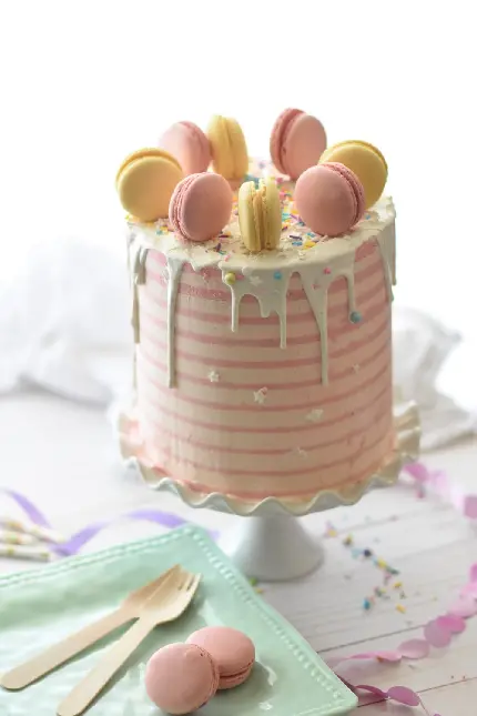 عکس خوشمزه از کیک با تزئین زیبای شیرینی ماکارون 