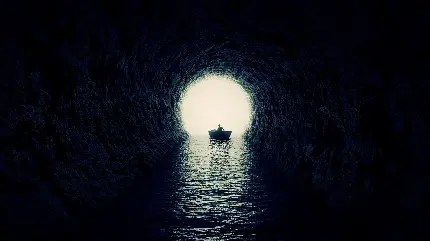 تصویر مردی سوار قایق کوچک در دهانه غار تاریک درون دریا 