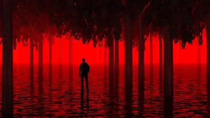 عکس عجیب و ترسناک مرد تنها بین درختان با زمینه قرمز برای پروفایل و پس زمینه 