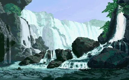 تصویر زمینه هنر پیکسلی آبشار کوهستانی با جزئیات زیاد