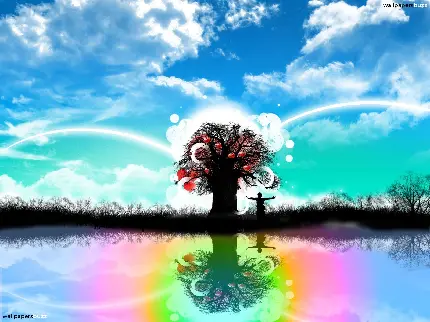 تصویر شاد و خوشرنگ گرافیکی فانتزی طرح مرد تنها در کنار درخت با آسمان آبی 