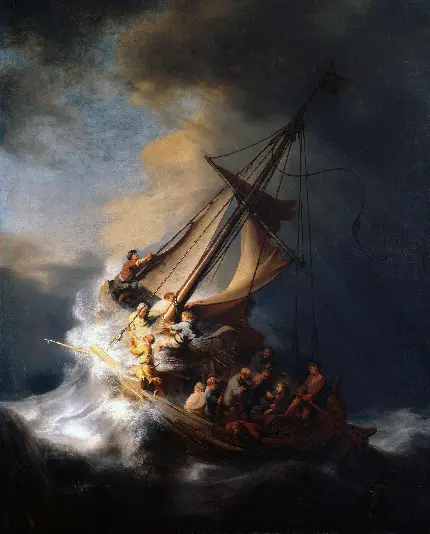 والپیپر با کیفیت از نقاشی های رامبرانت به نام طوفان در دریای جلیل ۱۶۳۳
