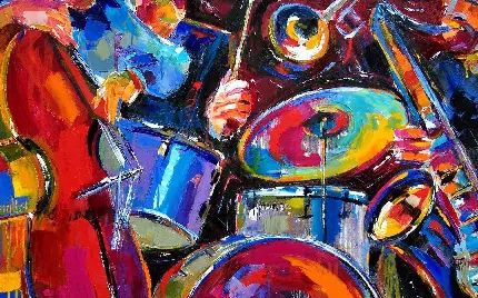 عکس نقاشی رنگ روغن آلات موسیقی با رنگ های شاد و روشن 