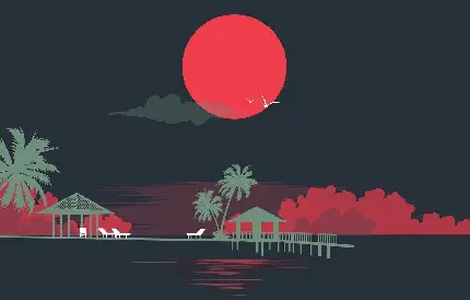 دانلود پس زمینه کارتونی ساحل با درخت نخل و خورشید قرمز