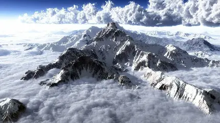 عکس هوایی از قله های بلند و ابرهای سفید در طبیعت پر رمز و راز