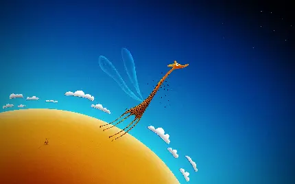 تصویر زمینه کارتونی و تخیلی پرواز زرافه به سمت آسمان