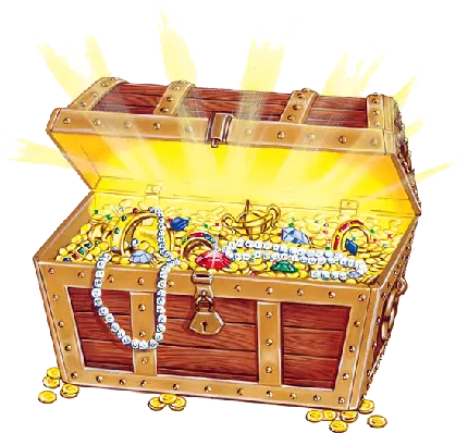 تصویر گرافیکی کامپیوتری طرح صندوقچه گنج پر از طلا و جواهرات و الماس 
