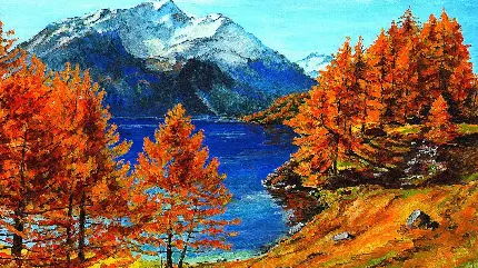 دانلود تصویر پاییزی دریاچه زیبا و آبی پاکیزه در کنار کوه و درختان پاییزی 