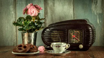 تصویر زمینه رادیو قدیمی در کنار گلدان گل صورتی با کیفیت بالا
