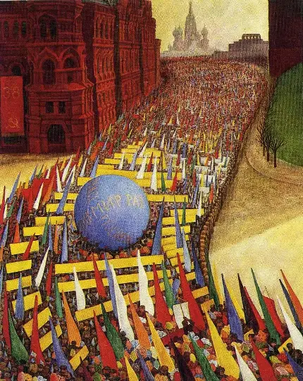 عکس نقاشی با موضوع راهپیمایی اول ماه مه در مسکو اثر دیگو ریورا ۱۹۵۶