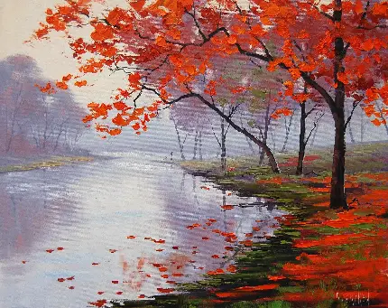 هنری ترین عکس پروفایل نقاشی رودخانه در میان درخت های پاییزی