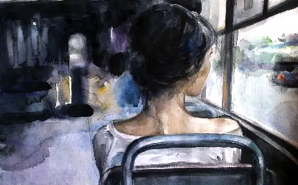 عکس باشکوه و زیبای نقاشی دختر تنها نشسته روی صندلی اتوبوس