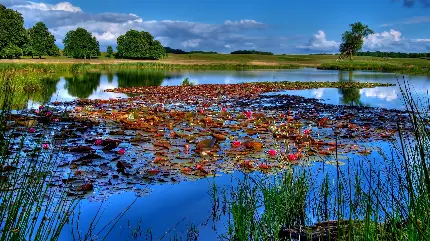 شیک ترین تصویر زمینه طرح منظره طبیعی گلزار کنار دریاچه 