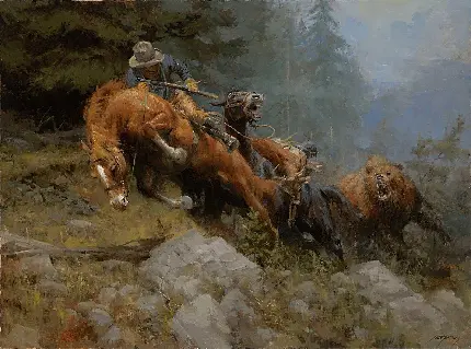 عکس نقاشی رنگ روغن سبک رنسانس کابوی سوار بر اسب و خرس بزرگ